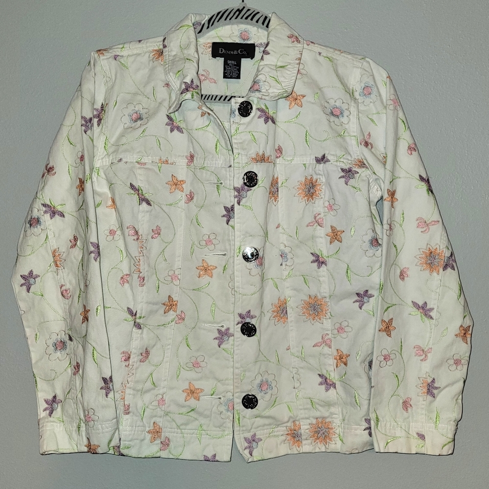 Denim & Company white multicolored floral embroidered cotton jean jacket